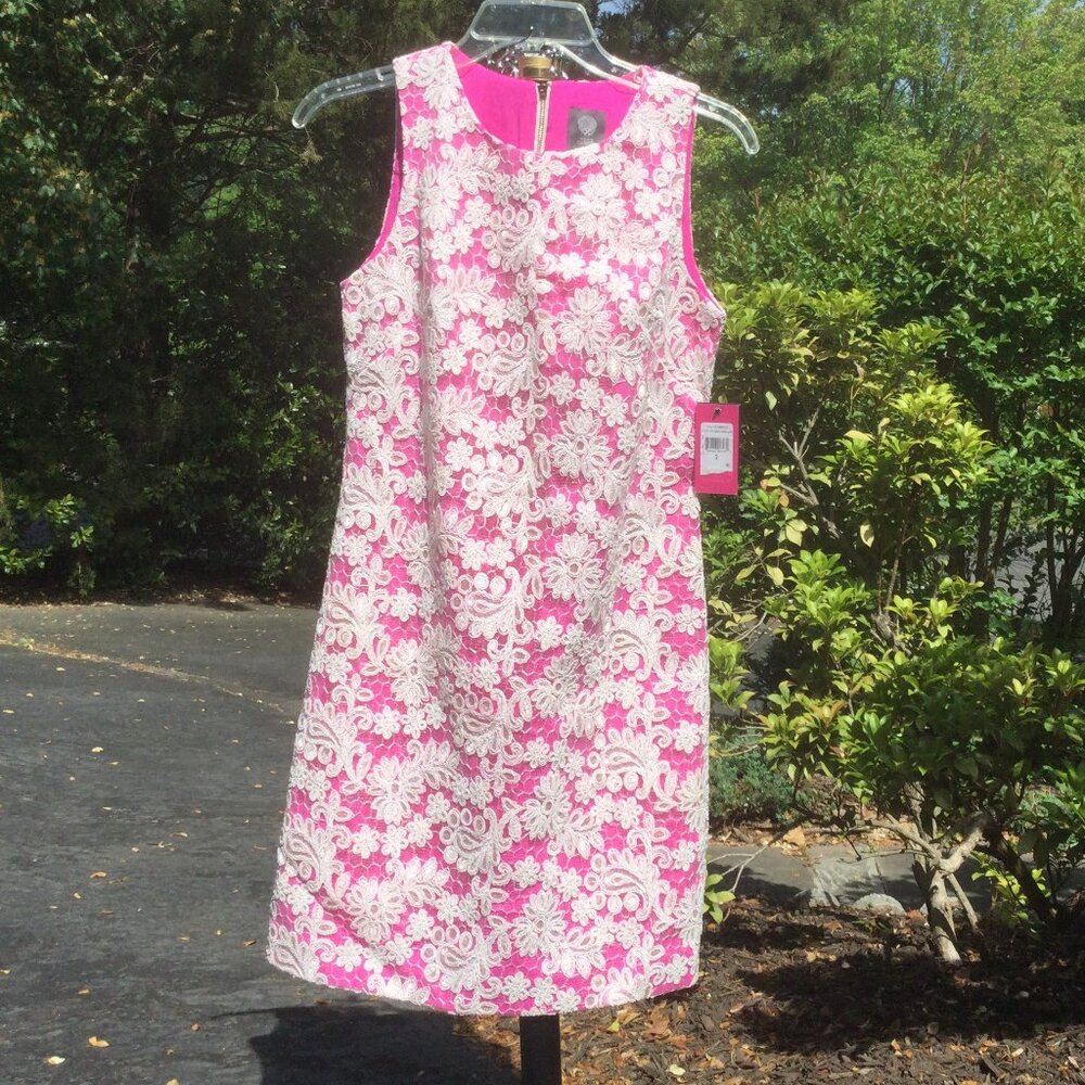 Vince Camuto Sleeveless White Lace on Pink Midi Dress